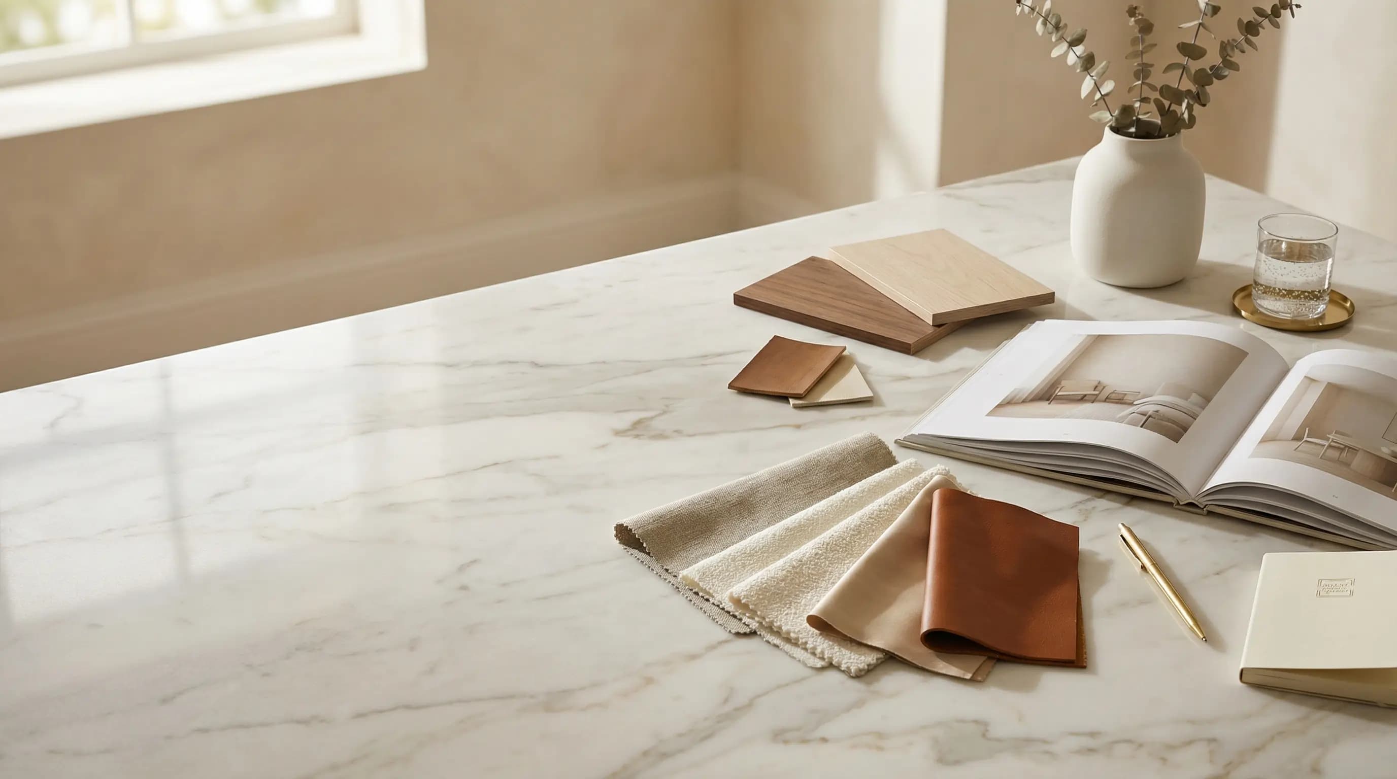 Styled materials and textures curated for a luxury interior staging project