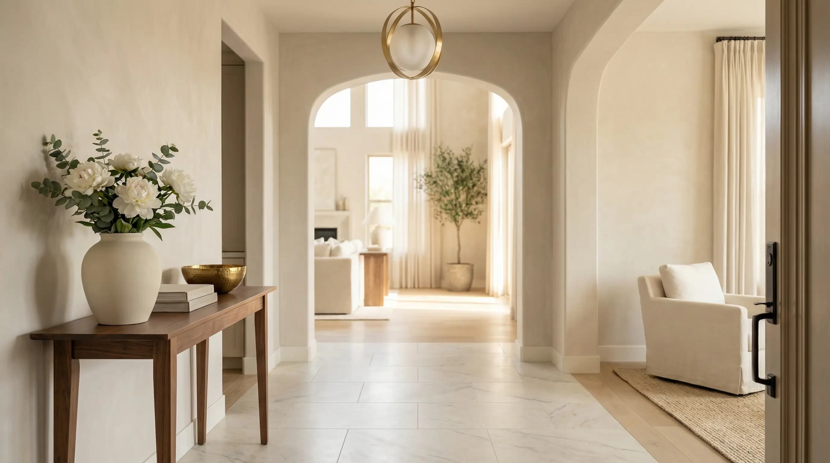 Elegant residential foyer with natural light streaming through an archway, styled console table with fresh flowers
