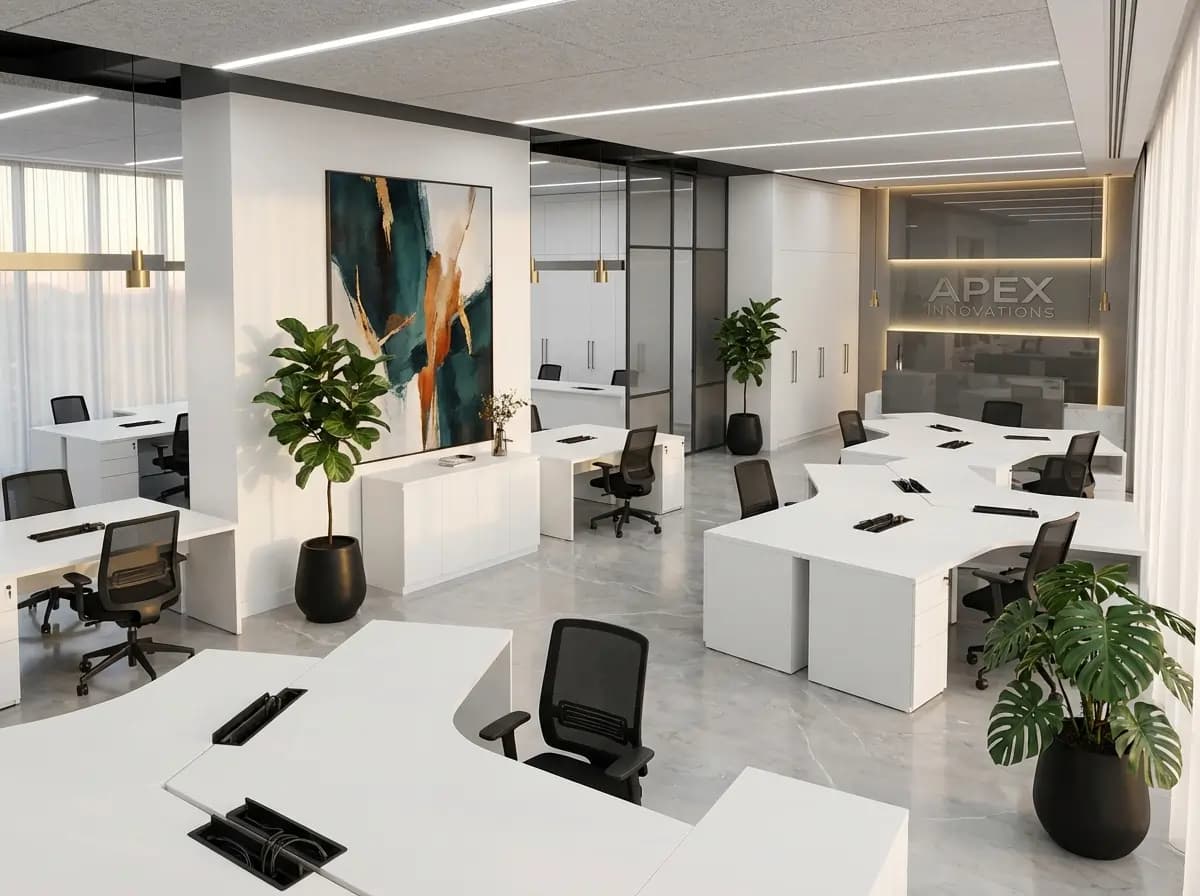 Modern open-plan office with white desks, linear lighting, and greenery