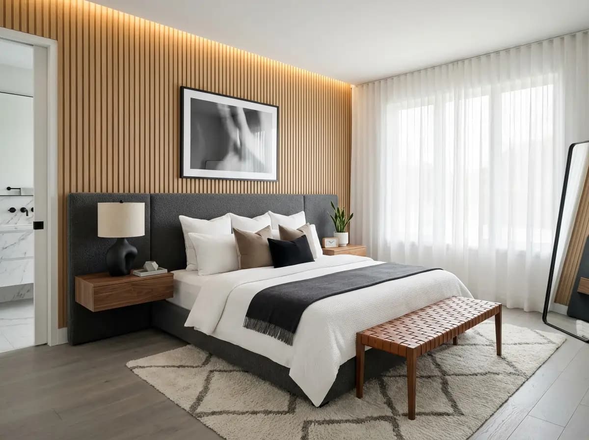Staged bedroom with upholstered bed and warm wood slats