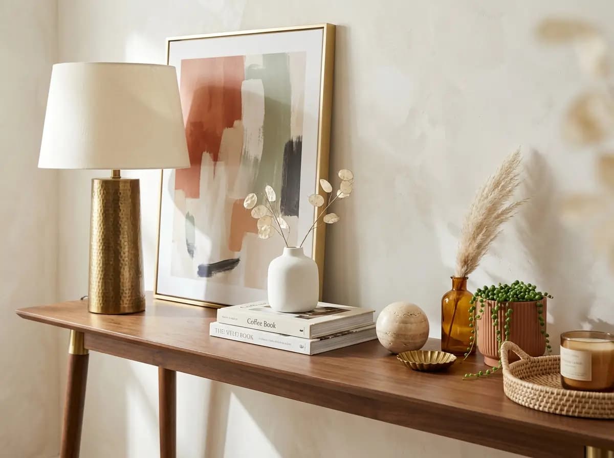 Styled vignette with art, lamp, and decor