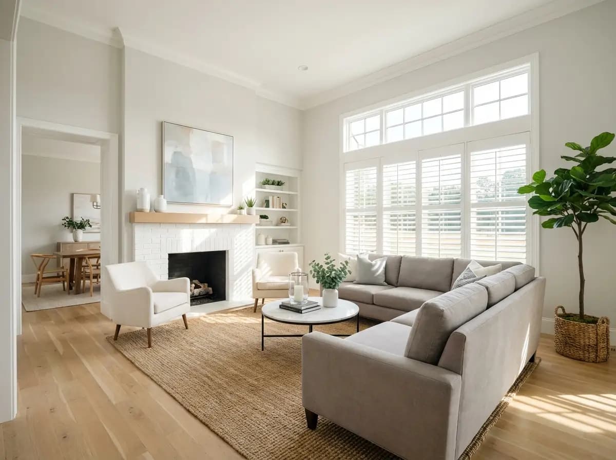 Staged living room with fireplace and large windows